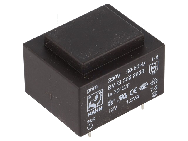 Transformator: ingegoten; 1,2VA; 230VAC; 12V; 100mA; PCB; BVEI Transformator: ingegoten; 1,2VA; 230VAC; 12V; 100mA; PCB; BVEI